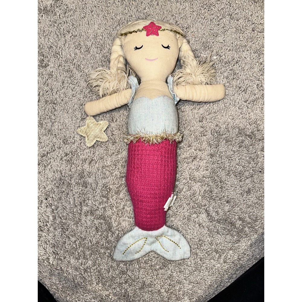 Mudpie Mermaid Pink Blue Linen Plush Doll Yarn Braids Cottagecore 17"